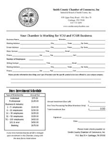Smith County Chamber of Commerce, Inc Industrial Board of Smith County, Inc. 939 Upper Ferry Road – P.O. Box 70 Carthage, TN[removed]2093 www.smithcountychamber.com
