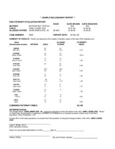 ** SAMPLE INCLUSIONARY REPORT ** DNA PATERNITY EVALUATION REPORT RACE DATE DRAWN N/A