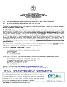 STATE OF TENNESSEE DEPARTMENT OF COMMERCE AND INSURANCE FINANCIAL AFFAIRS SECTION / ANALYTICAL UNIT[removed]JAMES ROBERTSON PARKWAY NASHVILLE, TENNESSEE[removed]1670