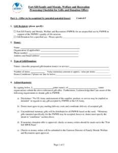 Fort Sill Family and Morale, Welfare and Recreation Processing Checklist for Gifts and Donation Offers Part A – Offer (to be completed by potential potential donor) Control #