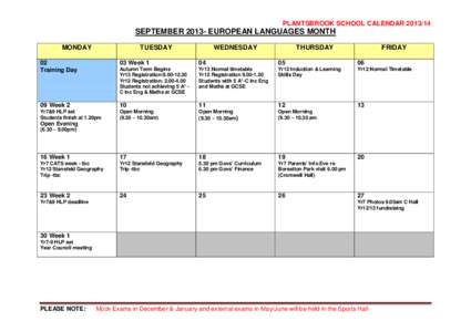 PLANTSBROOK SCHOOL CALENDAR[removed]SEPTEMBER[removed]EUROPEAN LANGUAGES MONTH MONDAY  TUESDAY