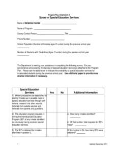 Program Plan, Attachment B  Survey of Special Education Services Name of Detention Center _________________________________ Name of Program ___________________________________ Survey Contact Person_______________________