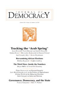 October 2013, Volume 24, Number 4 $[removed]Tracking the “Arab Spring” Jason Brownlee, Tarek Masoud, and Andrew Reynolds Nathan Brown Mieczys³aw Boduszyñski & Duncan Pickard