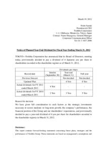 March 19, 2012 Norio Sasaki President & CEO Toshiba CorporationShibaura, Minato-ku, Tokyo, Japan Contact: Naoto Hasegawa, General Manager