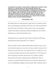 STATEMENT OF DANIEL N. WENK, DEPUTY DIRECTOR, NATIONAL PARK SERVICE, U.S. DEPARTMENT OF THE INTERIOR BEFORE THE SUBCOMMITTEE ON NATIONAL PARKS OF THE SENATE COMMITTEE ON ENERGY AND NATURAL RESOURCES, CONCERNING H.R. 1021