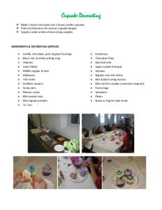 Cupcake Decorating  Make 2 dozen chocolate and 2 dozen vanilla cupcakes  Print out directions for various cupcake designs  Supply a wide variety of decorating supplies  INGREDIENTS & DECORATInG SUPPLIES