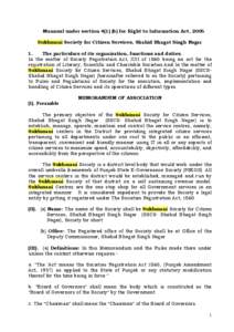 Mannual under section[removed]b) for Right to Information Act, 2005 Sukhmani Society for Citizen Services, Shahid Bhagat Singh Nagar 1. The particulars of its organization, functions and duties. In the matter of Society Re