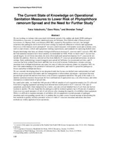 General Technical Report PSW-GTR-243  The Current State of Knowledge on Operational Sanitation Measures to Lower Risk of Phytophthora ramorum Spread and the Need for Further Study1 Yana Valachovic, 2 Dave Rizzo, 3 and Br