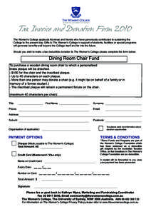 Tax Invoice and Donation Form 2010 The Women’s College applauds Alumnae and friends who have generously contributed to sustaining the College to the present day. Gifts to The Women’s College in support of students, f