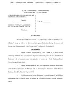 Case 1:13-cv[removed]UNA Document 1 Filed[removed]Page 1 of 10 PageID #: 1  IN THE UNITED STATES DISTRICT COURT FOR THE DISTRICT OF DELAWARE UNIMED PHARMACEUTICALS, LLC, and ) BESINS HEALTHCARE INC.,