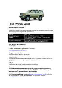 HILUX SW4 1997 a 2003 Pivô da Suspensão Dianteira A Toyota do Brasil CONVOCA os proprietários dos veículos abaixo identificados a atender à seguinte campanha de chamamento: Veículo Ano de Fabricação