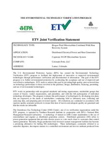 Cogeneration / Gas turbine / Electricity generation / Environmental Technology Verification Program / Distributed generation / Anaerobic digestion / Water heating / Micro combined heat and power / Technology / Energy / Environment