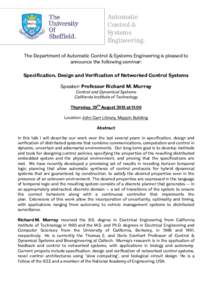 Automatic Control & Systems Engineering. The Department of Automatic Control & Systems Engineering is pleased to announce the following seminar: