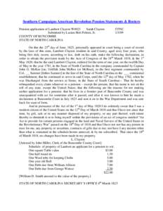 Southern Campaigns American Revolution Pension Statements & Rosters Pension application of Lambert Clayton W4923 Sarah Clayton Submitted by Lucian Holt Felmet, Jr. COUNTY OF BUNCOMBE STATE OF NORTH CAROLINA