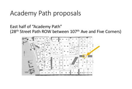 Academy Path proposals East half of “Academy Path” (28th Street Path ROW between 107th Ave and Five Corners) North to Pit Park
