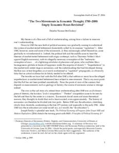 Incomplete draft of June 27, 2016  “The Two Movements in Economic Thought, 1700–2000: Empty Economic Boxes Revisited” Deirdre Nansen McCloskey1