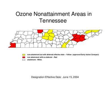 Ozone Nonattainment Areas in Tennessee non-attainment but with deferred effective date – Yellow (approved Early Action Compact) non attainment with no deferral – Red attainment - White