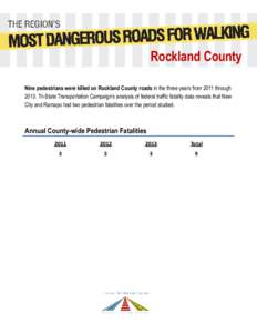 Rockland County Nine pedestrians were killed on Rockland County roads in the three years from 2011 throughTri-State Transportation Campaign’s analysis of federal traffic fatality data reveals that New City and R