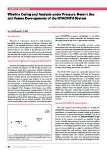 Technical Developments  Wireline Coring and Analysis under Pressure: Recent Use and Future Developments of the HYACINTH System by Peter Schultheiss, Melanie Holland, and Gary Humphrey doi:iodp.sd