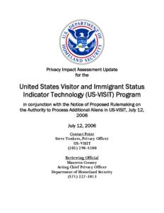 Privacy Impact Assessment, US Department of Homeland Security, US VISIT Update