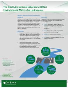 The Oak Ridge National Laboratory (ORNL) Environmental Metrics for Hydropower What is the Environmental Metrics Project? Benefits The Department of Energy’s Office of Energy Efficiency