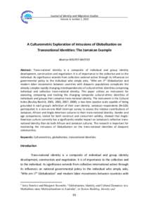 Journal of Identity and Migration Studies Volume 4, number 1, 2010 A Culturometric Exploration of Intrusions of Globalisation on Transnational Identities: The Jamaican Example Béatrice BOUFOY-BASTICK