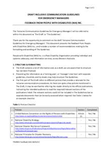 Page 1 of 5  DRAFT INCLUSIVE COMMUNICATION GUIDELINES FOR EMERGENCY MANAGERS FEEDBACK FROM PEOPLE WITH DISABILITIES (WA) INC. The ‘Inclusive Communication Guidelines for Emergency Managers’ will be referred to