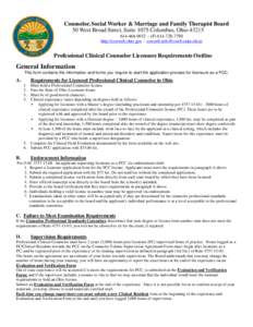 Counselor, Social Worker & Marriage and Family Therapist Board 50 West Broad Street, Suite 1075 Columbus, Ohio[removed]0912 – (F[removed]http://cswmft.ohio.gov – [removed]  Professional