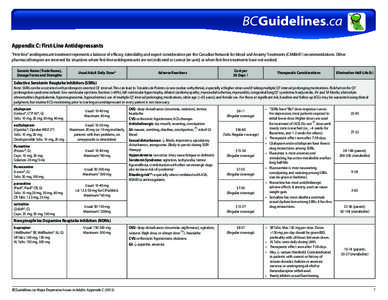 Appendix C: First-Line Antidepressants “First-line” antidepressant treatment represents a balance of efficacy, tolerability and expert consideration per the Canadian Network for Mood and Anxiety Treatments (CANMAT) r