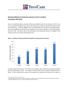 Neonatal Abstinence Syndrome among TennCare enrollees Provisional 2012 data1 Cases of neonatal abstinence syndrome (NAS) were identified based on the presence of ICD-9 code[removed]occurring during the first year of life2.