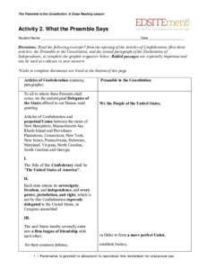 The Preamble to the Constitution: A Close Reading Lesson  Activity 2. What the Preamble Says Student Name _____________________________________________________Date ___________________  Directions: Read the following exce