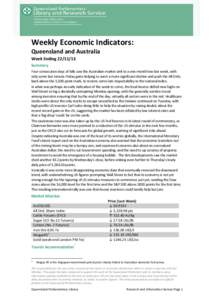 Weekly Economic Indicators: Queensland and Australia Week Ending[removed]Summary Four consecutive days of falls saw the Australian market sink to a one-month low last week, with only some last minute Friday gains helpin