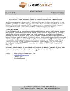 NEWS RELEASE January 13, 2014 For Immediate Release  iLOOKABOUT Corp. Announces Issuance of Common Shares to Settle Unpaid Dividends