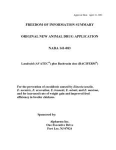 Approval Date: April 18, 2001  FREEDOM OF INFORMATION SUMMARY ORIGINAL NEW ANIMAL DRUG APPLICATION NADA[removed]