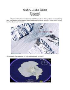 NASA LIMA Quest Proposal By: Alexandria The name of my chosen ice feature is called Nimrod glacier. Nimrod glacier is surrounded by many other glaciers and mountains. Nimrod glacier has flow strips, those flow stripes st