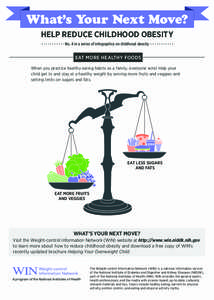 What’s Your Next Move? HELP REDUCE CHILDHOOD OBESITY No. 4 in a series of infographics on childhood obesity EAT MORE HEALTHY FOODS When you practice healthy eating habits as a family, everyone wins! Help your