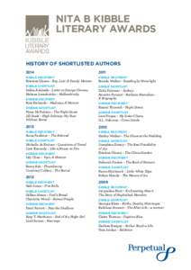 NITA B KIBBLE LITERARY AWARDS HISTORY OF SHORTLISTED AUTHORS 2014