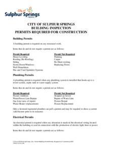 CITY OF SULPHUR SPRINGS BUILDING INSPECTION PERMITS REQUIRED FOR CONSTRUCTION Building Permits A building permit is required on any structural work. Items that do and do not require a permit are as follows: