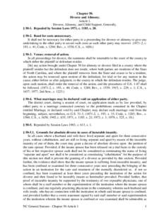Chapter 50. Divorce and Alimony. Article 1. Divorce, Alimony, and Child Support, Generally. § 50-1. Repealed by Session Laws 1971, c. 1185, s. 20. § 50-2. Bond for costs unnecessary.