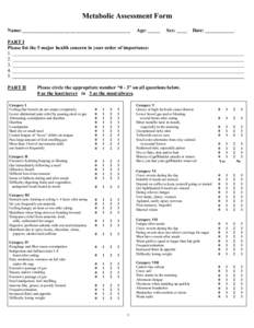 Metabolic Assessment Form Name: ____________________________________________________ Age: ______  Sex: _____