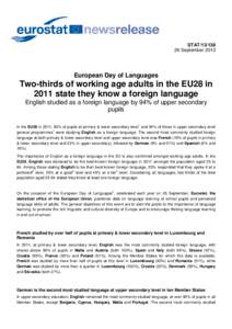STAT[removed]September 2013 European Day of Languages  Two-thirds of working age adults in the EU28 in