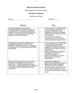 Office of the State Controller Self-Assessment of Internal Controls Tax/Payroll Compliance Objectives and Risks Agency ____________________________