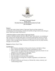 St. Andrew’s Episcopal Church Bryan, Texas Part-time Director of Christian Formation for Youth Job Description  Purpose