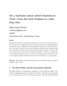 On a Confusion about which Intuitions to Trust: From the Hard Problem to a Not Easy One. Miguel Ángel Sebastián  UNAM