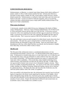 SCHISTOSOMIASIS (BILHARZIA) Schistosomiasis, or bilharzia, is a tropical water-borne disease which infects millions of people, mainly in Africa, South America and the Far East. In Kenya the infection is prevalent in many