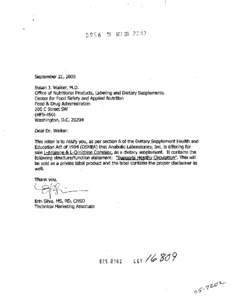 September 21,2005 Susan 3. Walker, M.D. Office of Nutritional Pr$ducts, ~b~l~ng and Dietary S#pl Center for Food &fety aruj A Food & Drug Administration 200 C Street SW