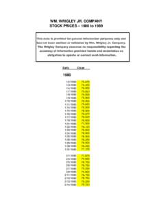 WM. WRIGLEY JR. COMPANY STOCK PRICES – 1980 to 1989 This data is provided for general information purposes only and has not been audited or validated by Wm. Wrigley Jr. Company. The Wrigley Company assumes no responsib