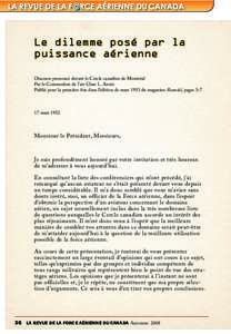 Le dilemme posé par la puissance aérienne Discours prononcé devant le Cercle canadien de Montréal Par le Commodore de l’air Clare L. Annis Publié pour la première fois dans l’édition de mars 1953 du magazin