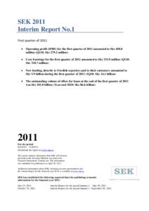 SEK 2011 Interim Report No.1 First quarter of 2011 Operating profit (IFRS) for the first quarter of 2011 amounted to Skrmillion (Q110: Skrmillion) Core Earnings for the first quarter of 2011 amounted to Skr