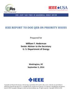 IEEE JOINT TASK FORCE ON QUADRENNIAL ENERGY REVIEW  IEEE REPORT TO DOE QER ON PRIORITY ISSUES Prepared for William F. Hederman Senior Adviser to the Secretary